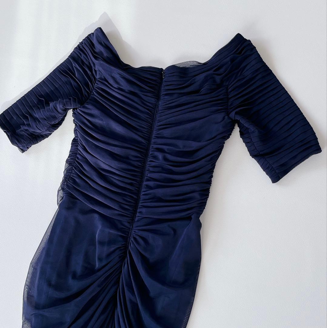 TADASHI SHOJI ドレス　メッシュ アシンメトリー ギャザー ネイビー