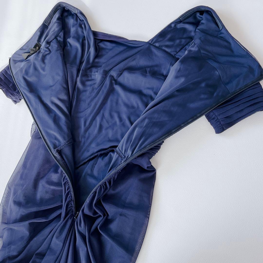 TADASHI SHOJI ドレス　メッシュ アシンメトリー ギャザー ネイビー