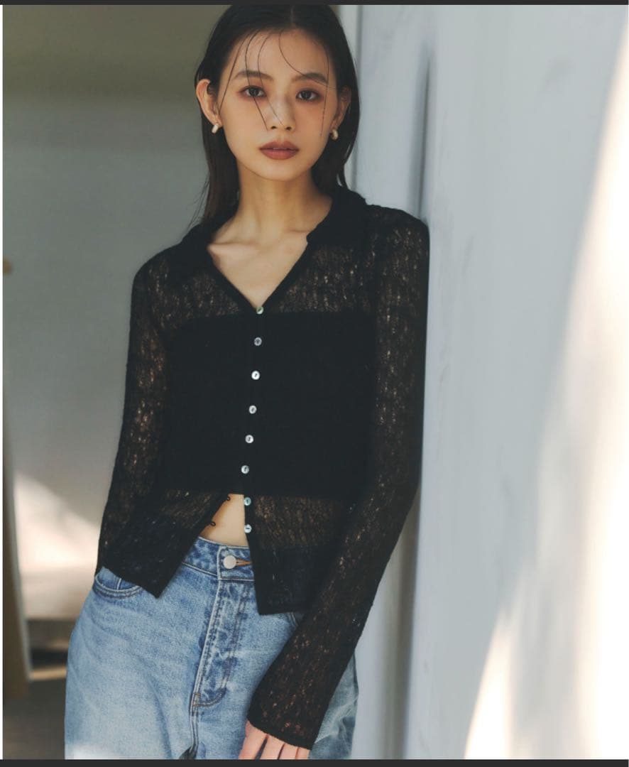 ウールレースポロニットトップス【BLACK】