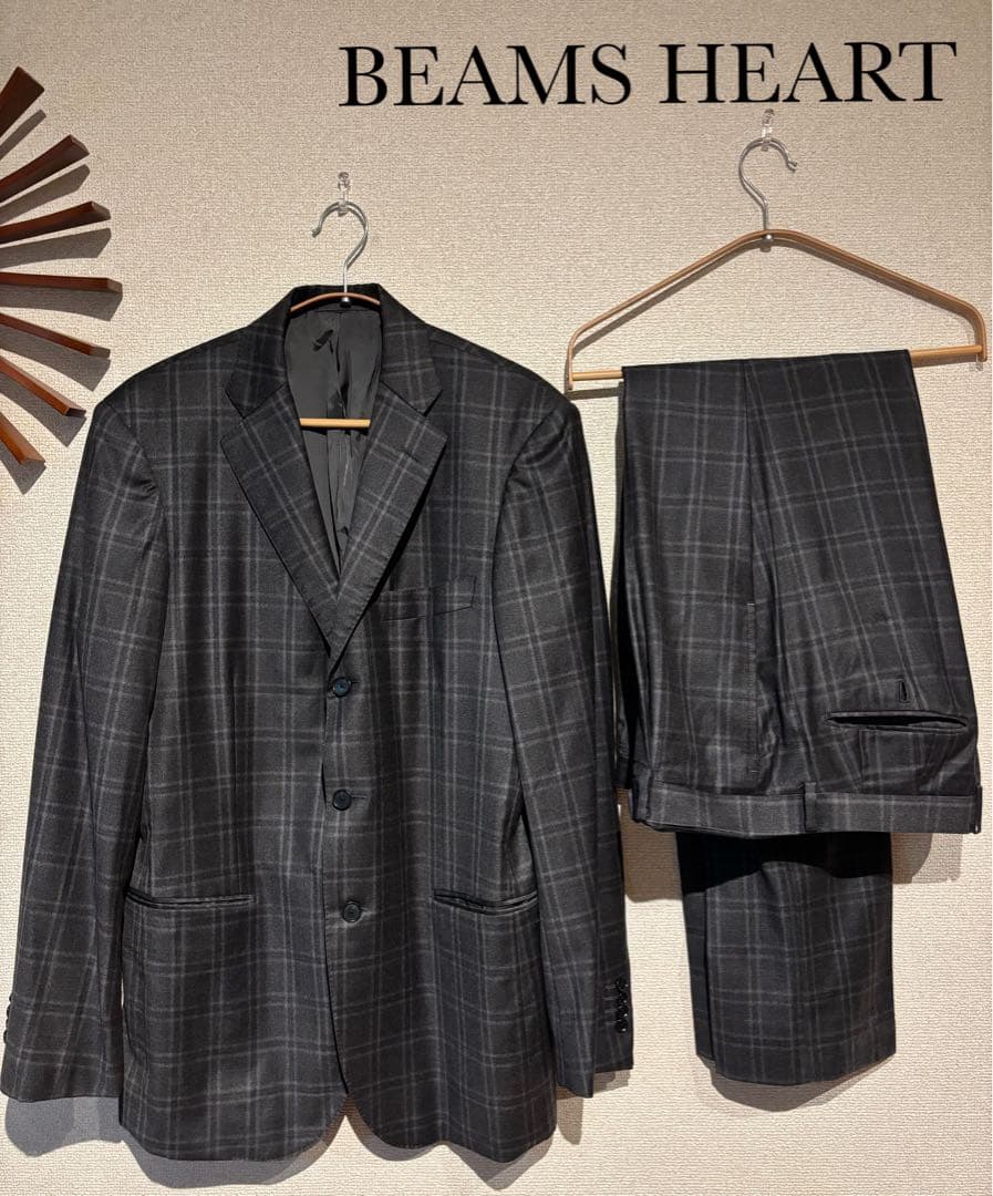 ビームスハート ロロピアーナ ウール100 チェック スーツ グレー 52