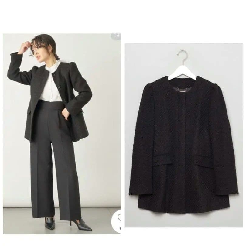 CELFORD セルフォードツイードペプラムノーカラージャケット ブラック 36