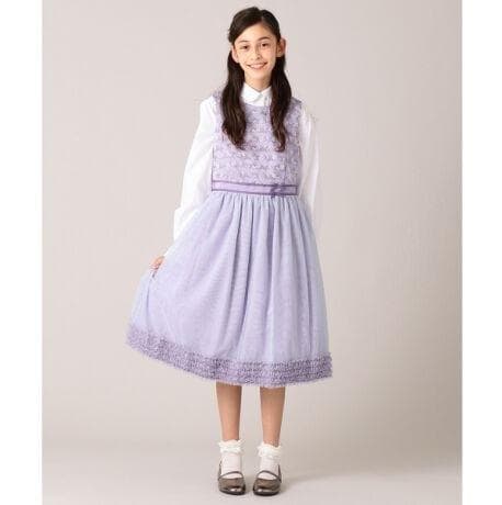 組曲新品ラベンダー ボーダーレースドレス ワンピース 150