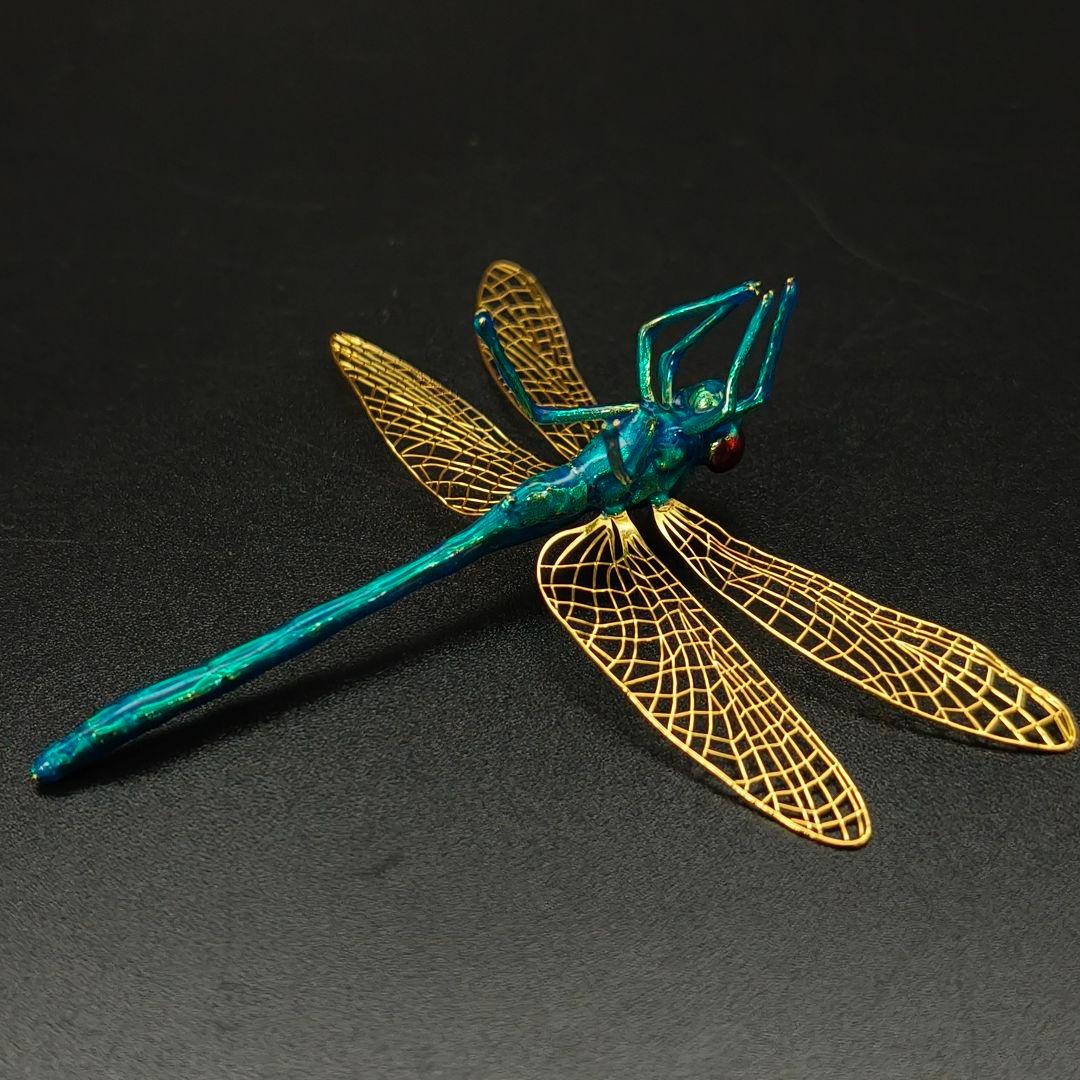 銅製置物　勝虫　蜻蛉　金メッキ　金工品　青色　銅製　薄翼　インテリア置物　箱付