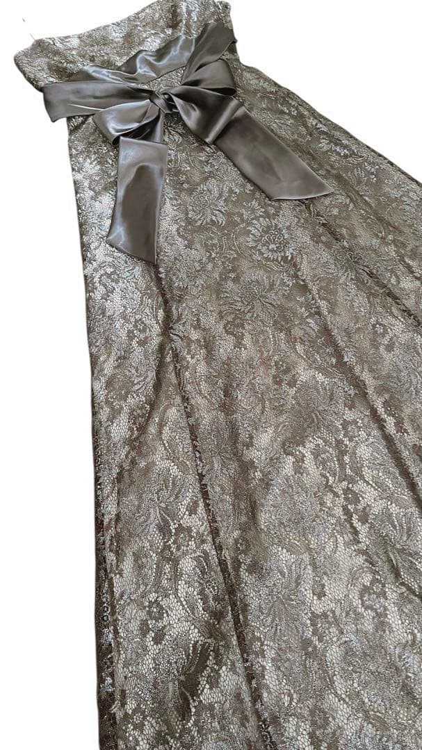 ブロンズ　パーティ　総レース ロングドレス　リボン