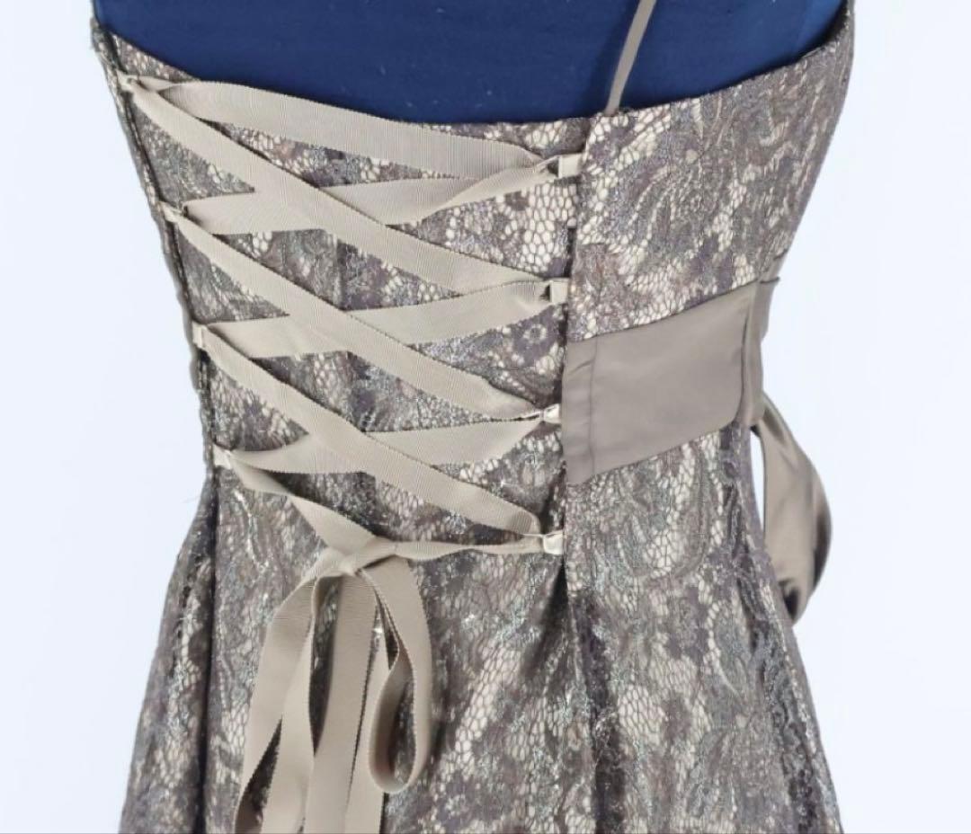 ブロンズ　パーティ　総レース ロングドレス　リボン