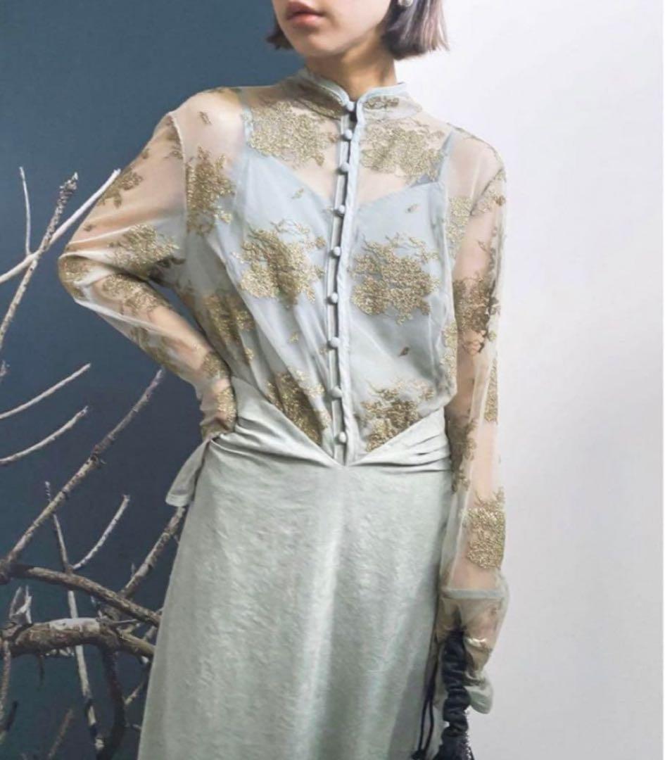 Ameri VINTAGE FLOWER LACE DRESS S セージ