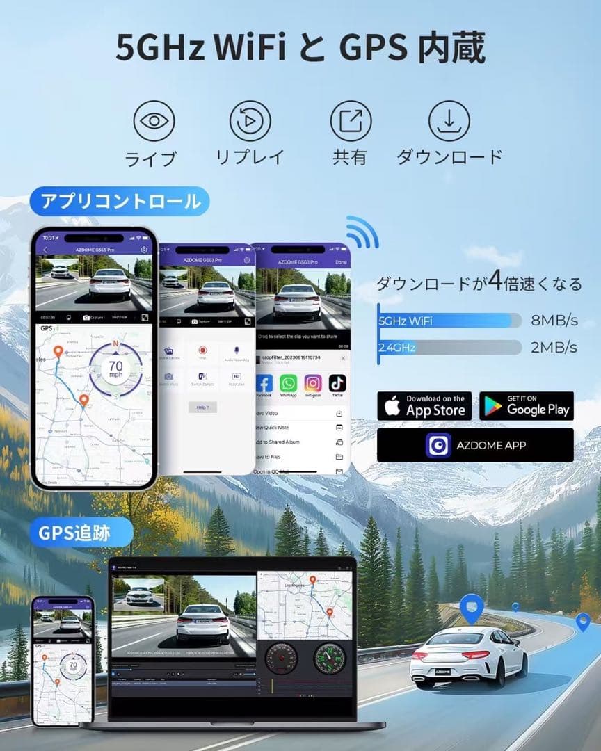12. ドライブレコーダー 前後2カメラ 4K GPS WiFi 128GB内蔵