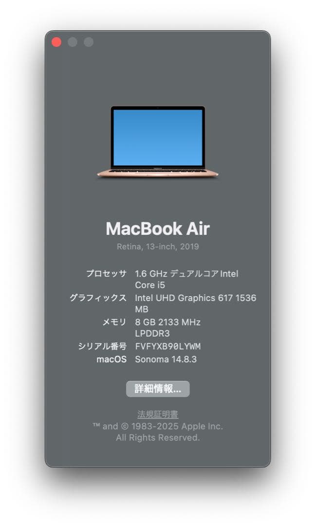 MacBook Air 13-インチ2019 8GB/256GB SSD