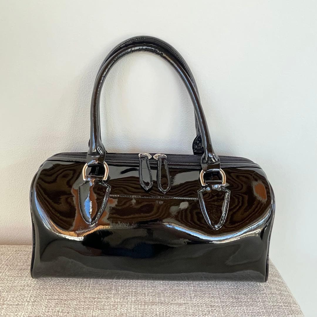 美品☆　濱野皮革工藝 HAMANOエナメルボストンバック　ハンドバック　黒