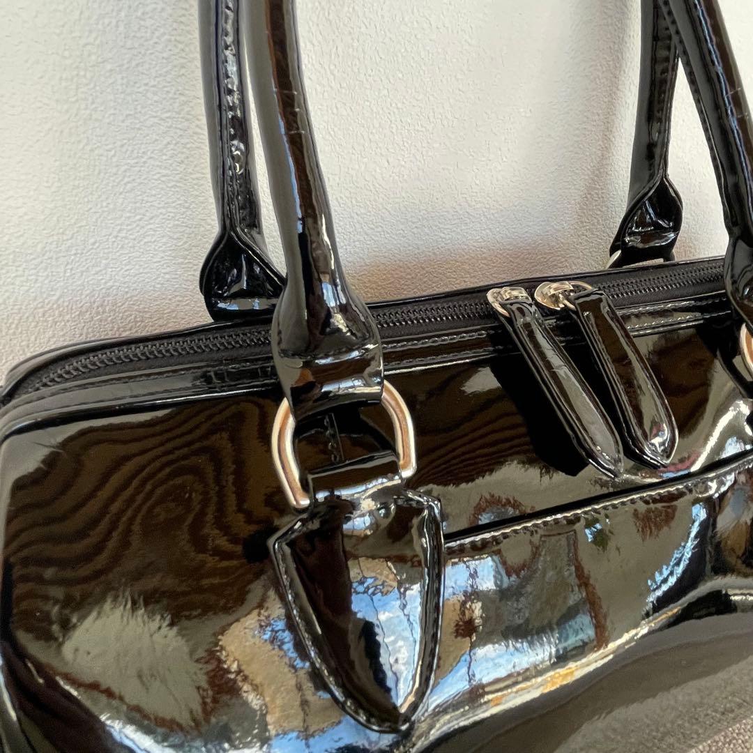 美品☆　濱野皮革工藝 HAMANOエナメルボストンバック　ハンドバック　黒