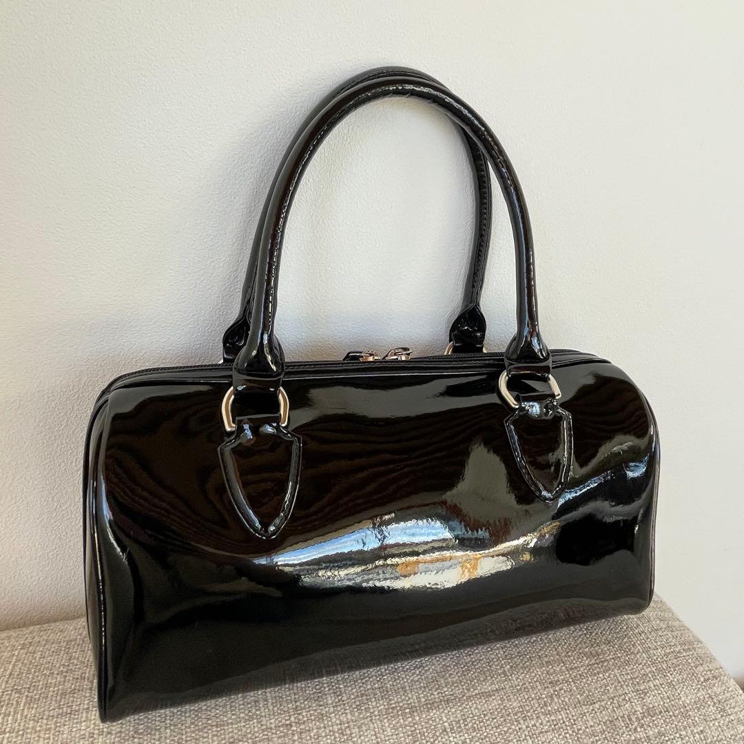 美品☆　濱野皮革工藝 HAMANOエナメルボストンバック　ハンドバック　黒