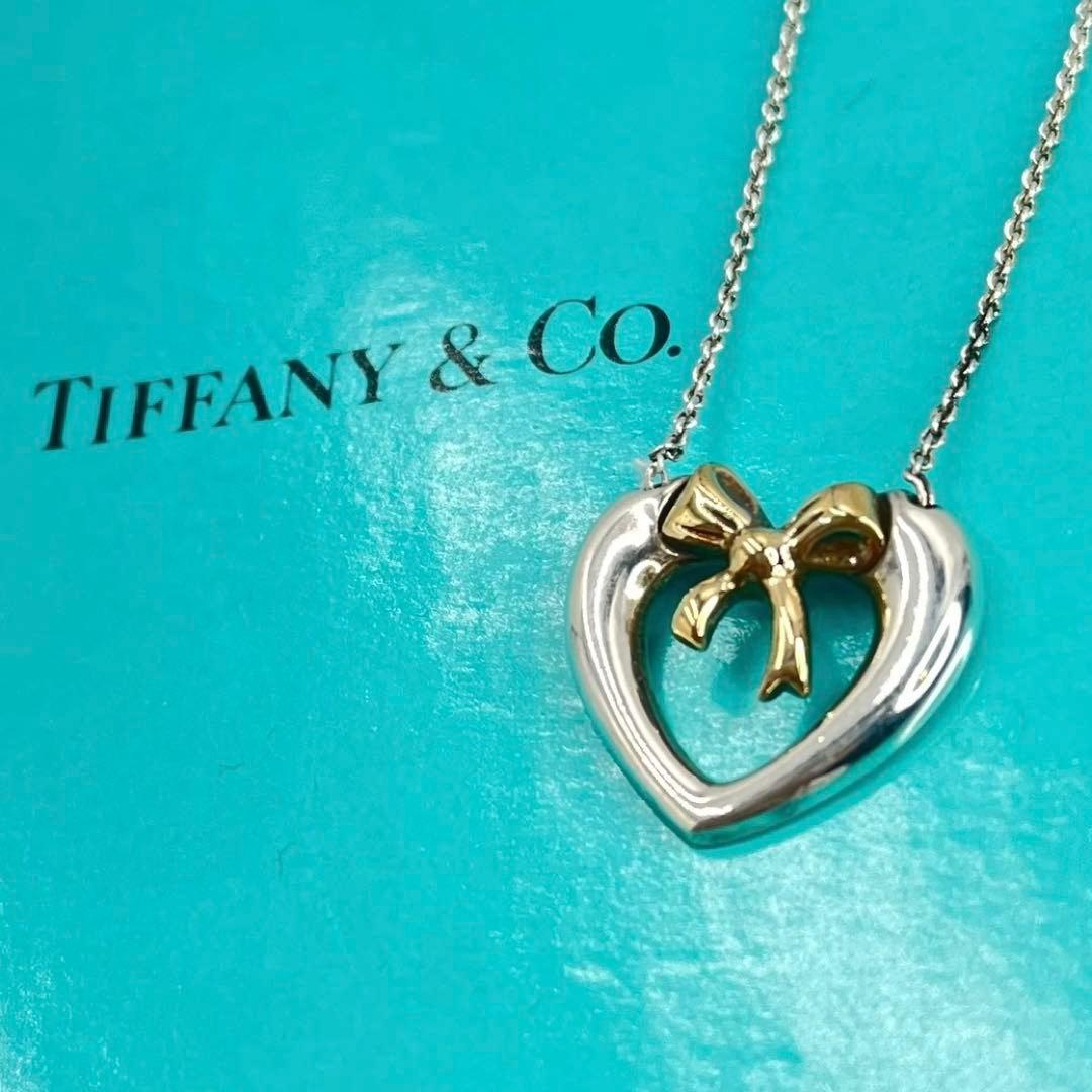 美品 Tiffany ハート リボン コンビ ネックレス チェーン ビンテージ