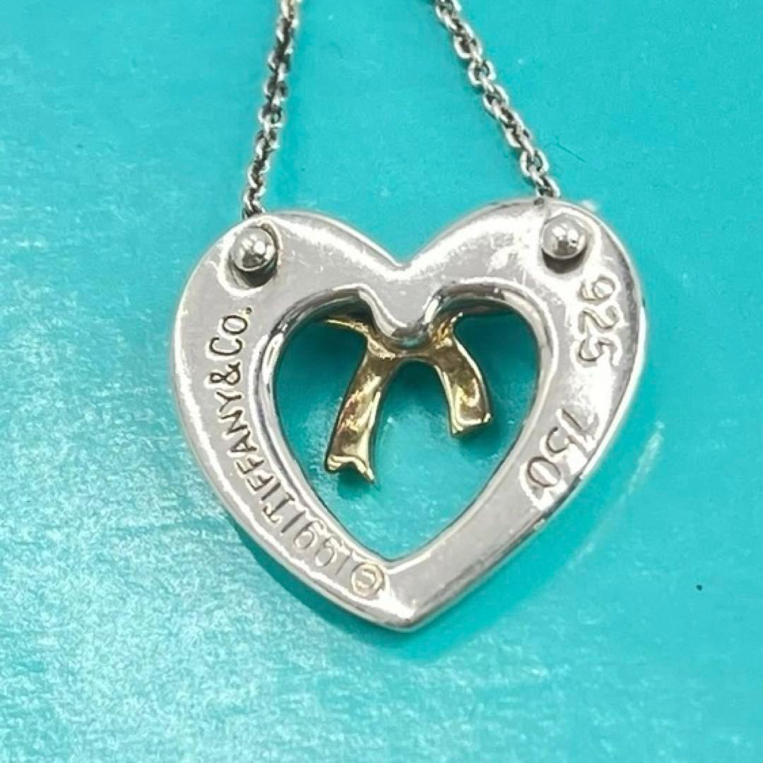 美品 Tiffany ハート リボン コンビ ネックレス チェーン ビンテージ