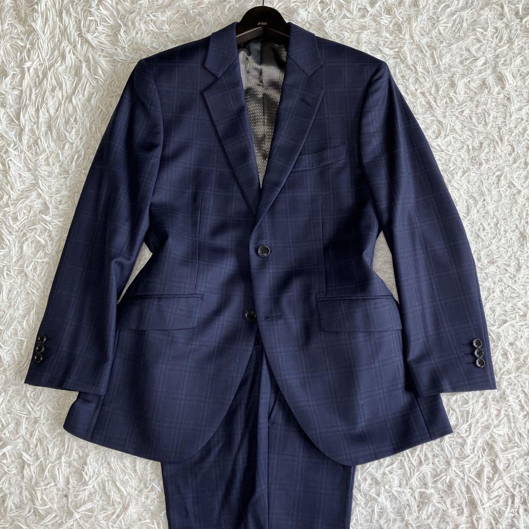 ◎極美品 銀座グローバルスタイル×ゼニア 高級生地 人気 ネイビー+チェック柄1