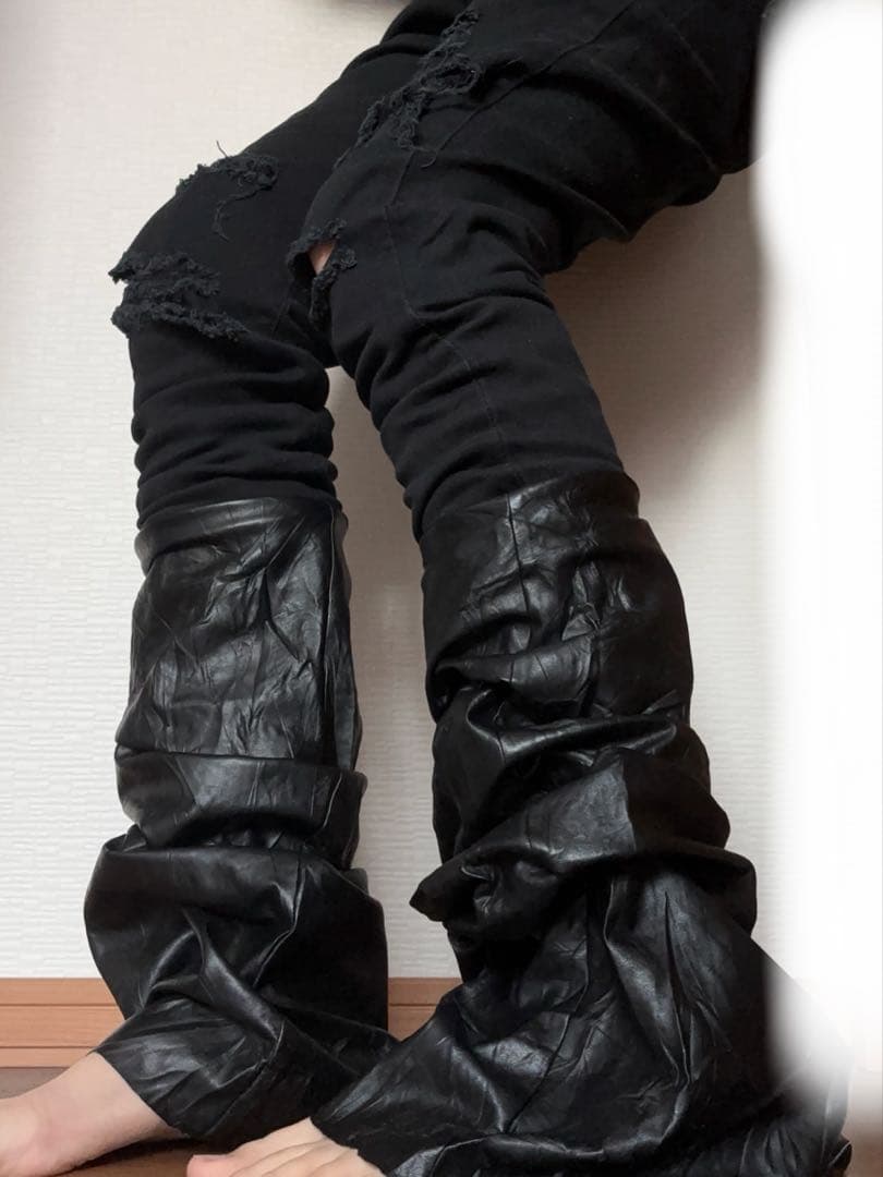 フレアデニム　ロングデニム　archive opium Y2K レザーパンツ　黒