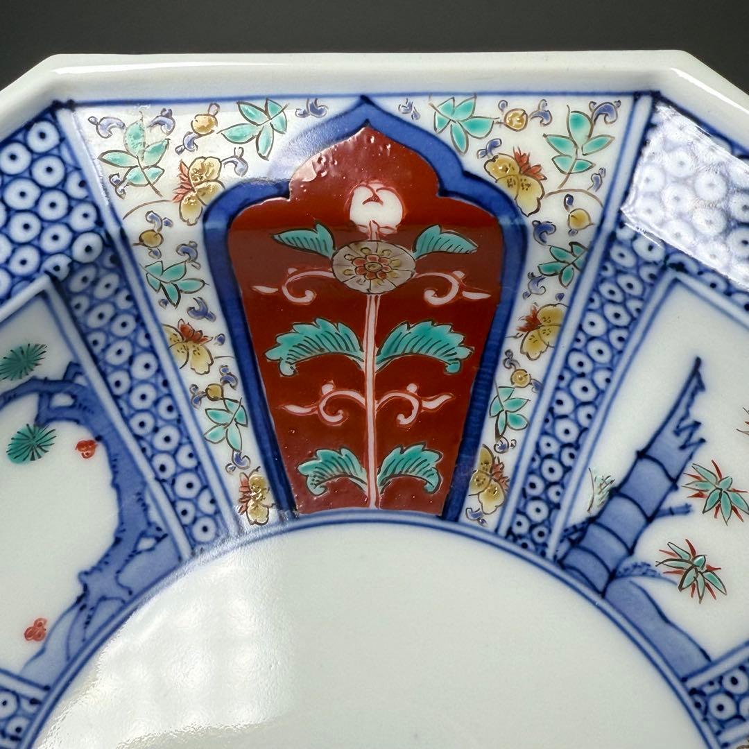 十二代　酒井田柿右衛門　菓子鉢　八角浅小　染錦松竹梅地紋　共箱　定価55万円