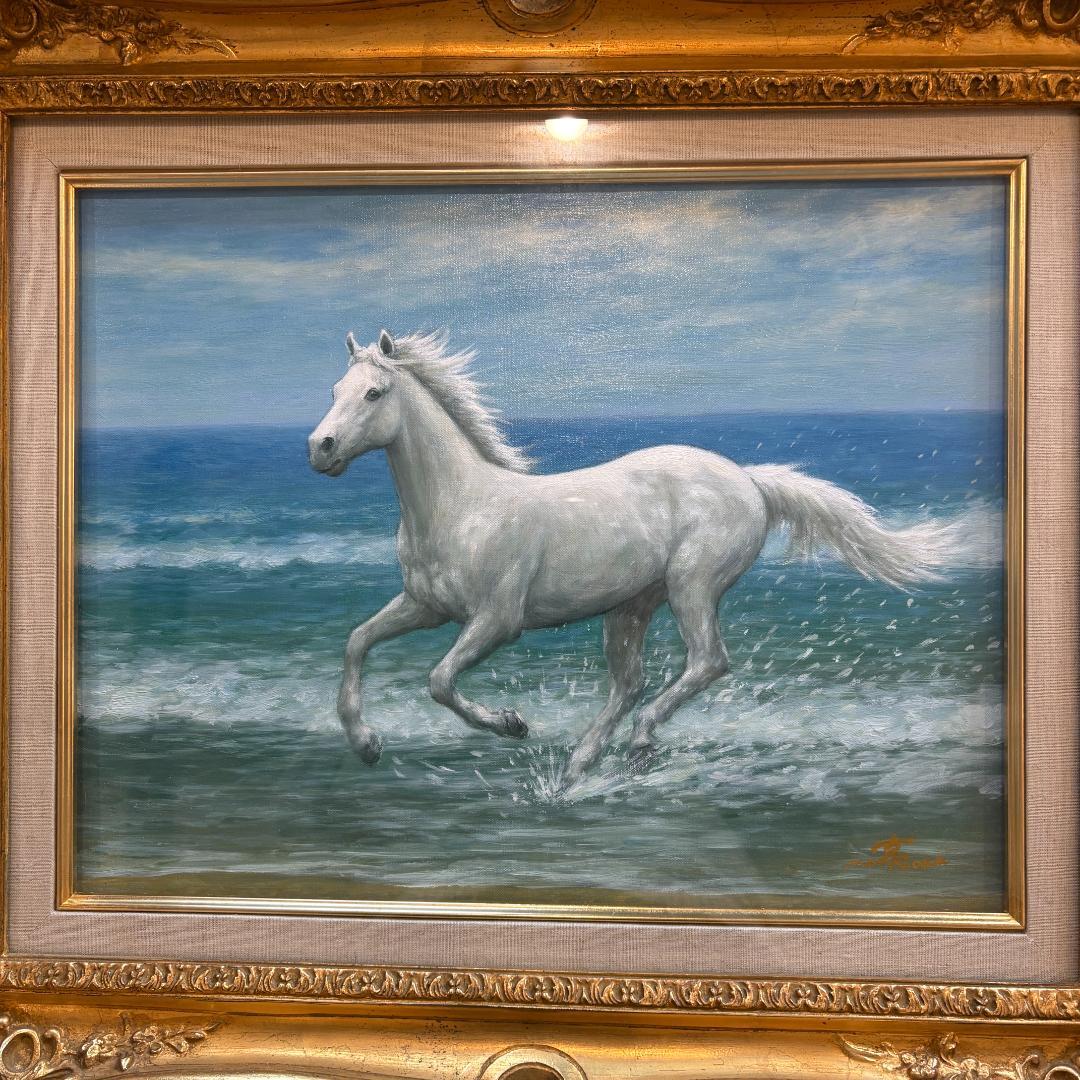 【箱付き・F6号】松岡克作 油絵「渚の白い馬」 海辺を駆ける白馬 額装