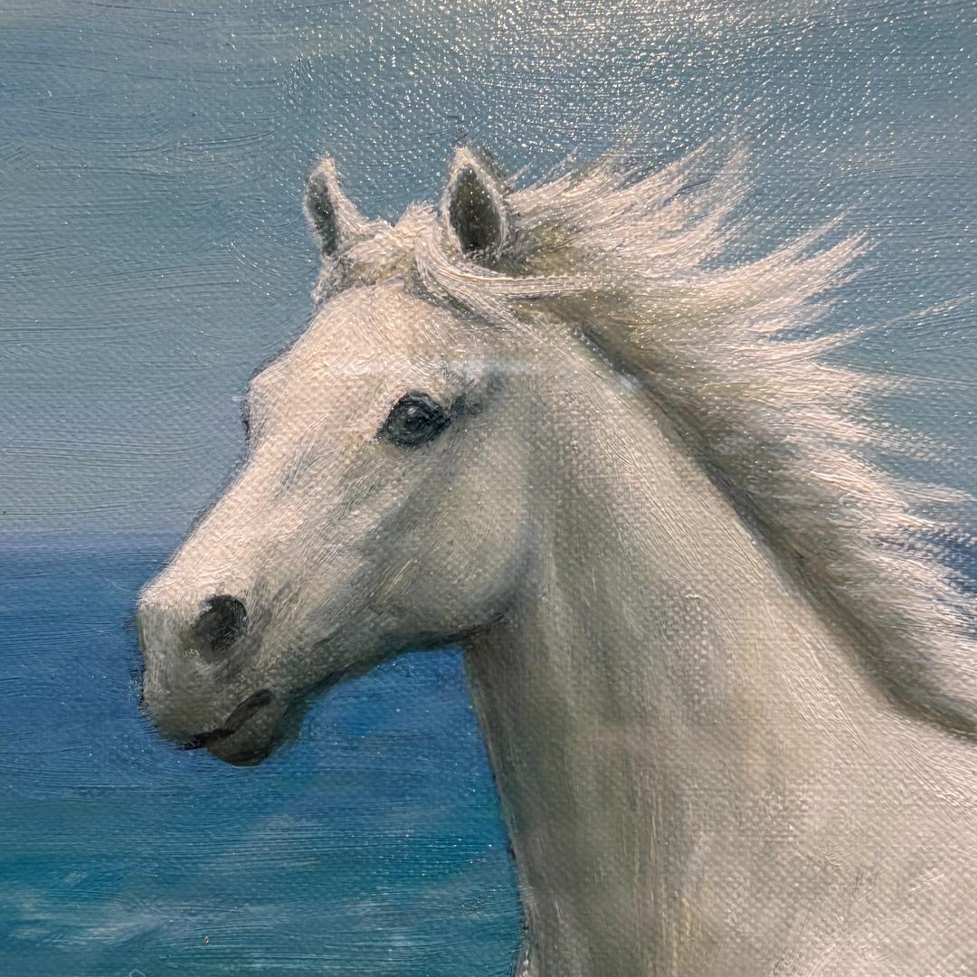 【箱付き・F6号】松岡克作 油絵「渚の白い馬」 海辺を駆ける白馬 額装