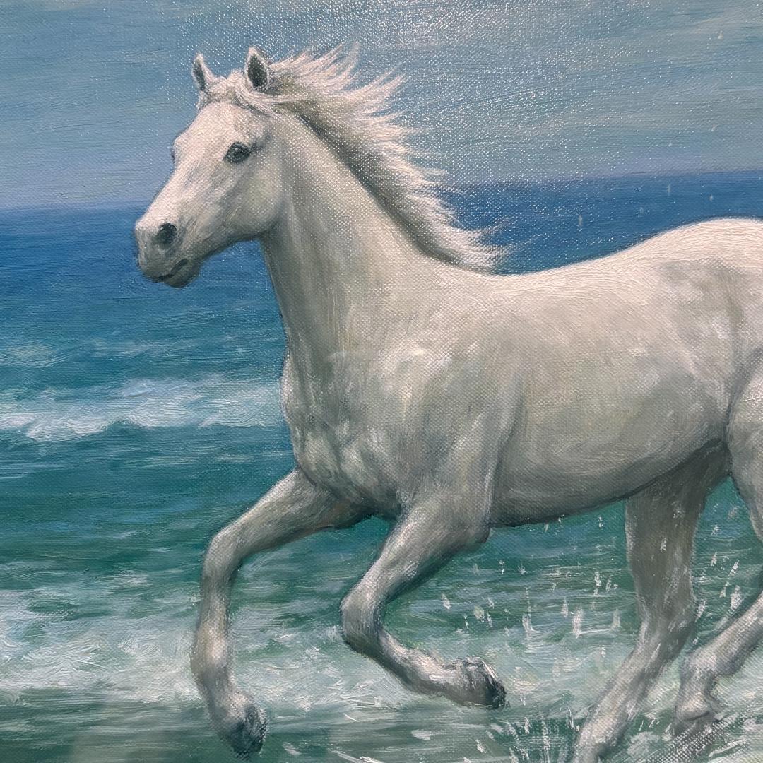【箱付き・F6号】松岡克作 油絵「渚の白い馬」 海辺を駆ける白馬 額装