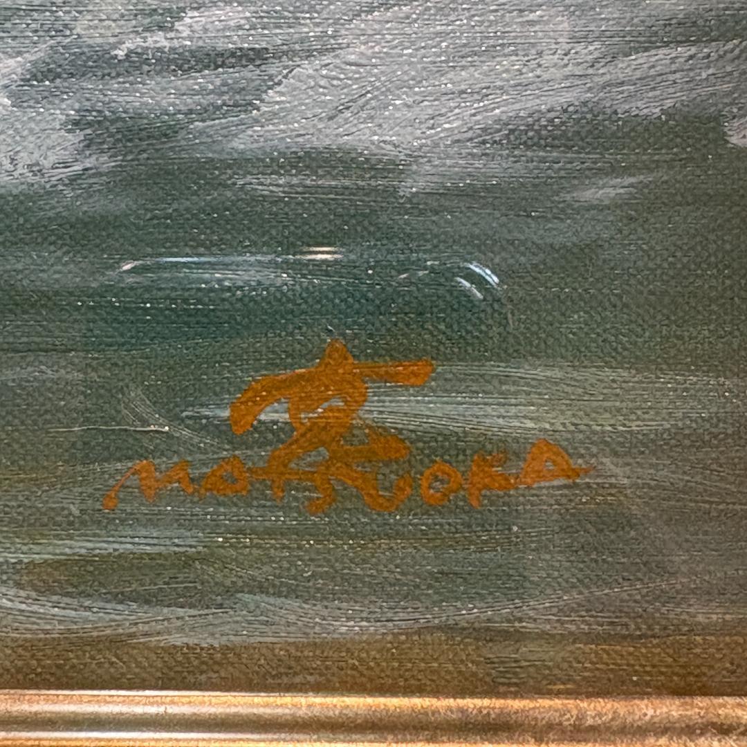 【箱付き・F6号】松岡克作 油絵「渚の白い馬」 海辺を駆ける白馬 額装