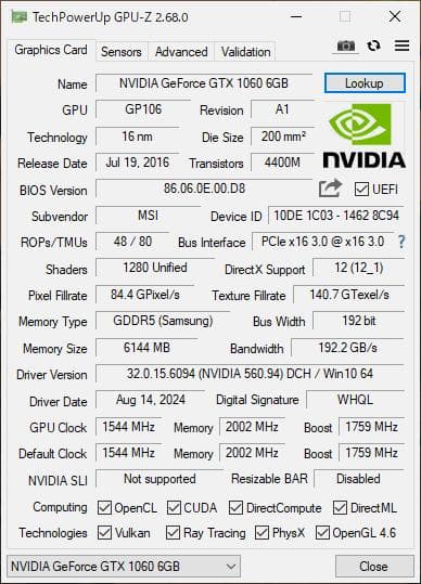 MSI GeForce GTX 1060 6G OC / 6GB 箱付属品有