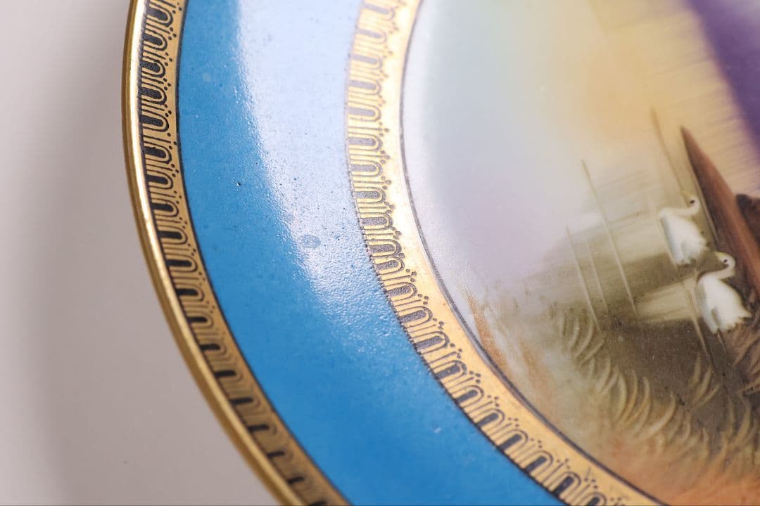 【CM300】オールドノリタケ 白鳥 風景 皿 プレート 金彩 ブルー 青 明治