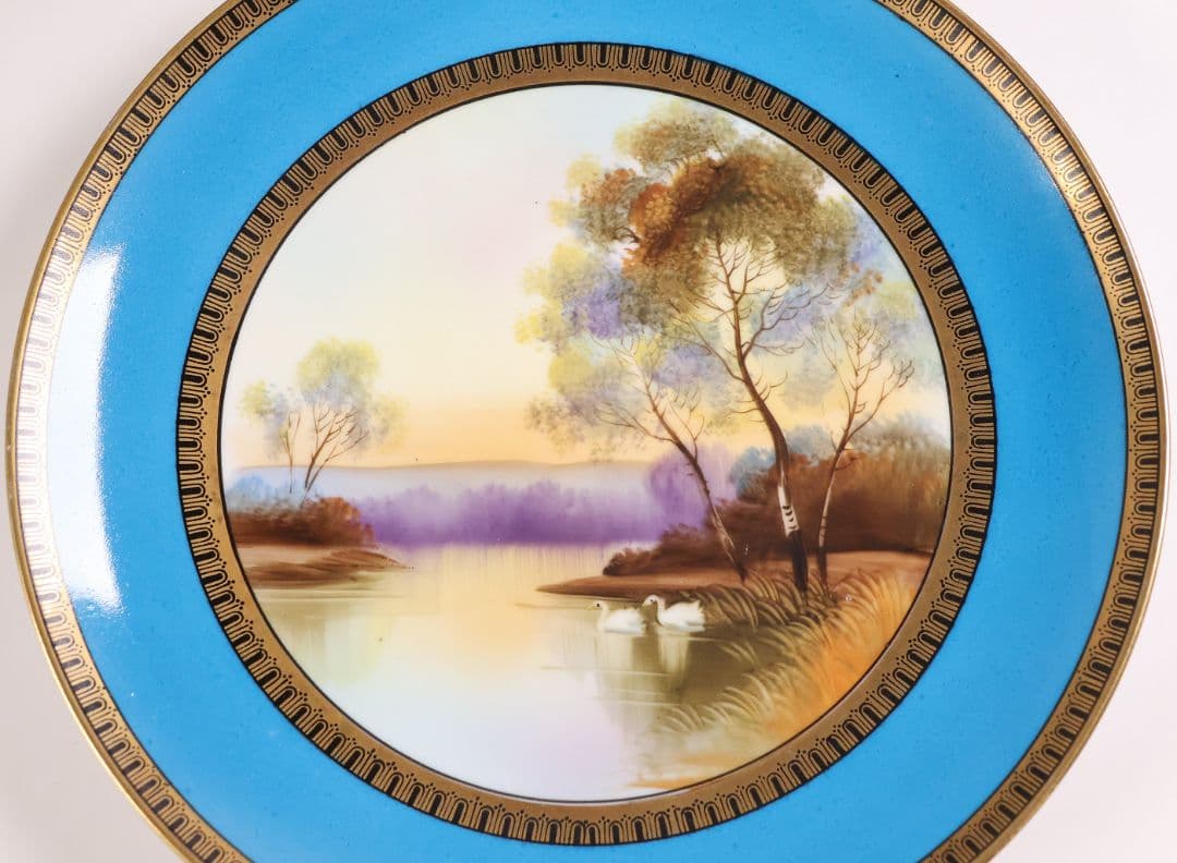 【CM300】オールドノリタケ 白鳥 風景 皿 プレート 金彩 ブルー 青 明治