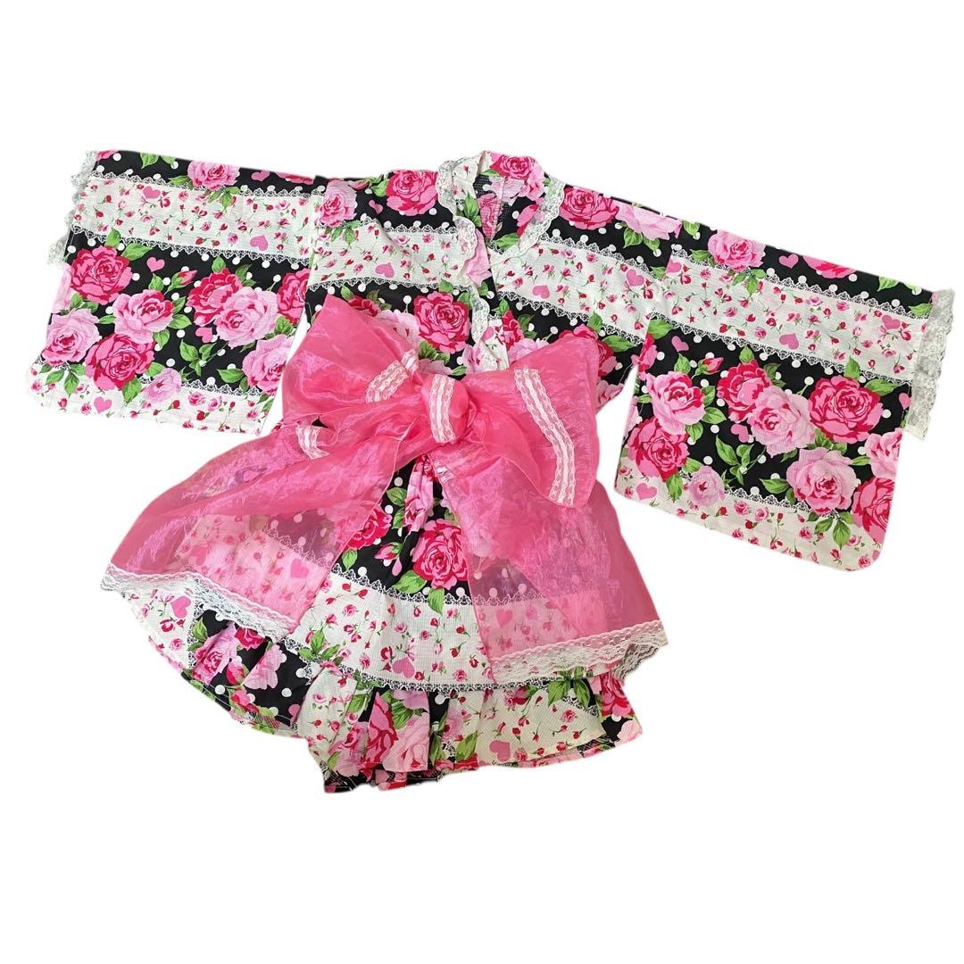 Y2K 大人用 浴衣ドレス 帯2点セット 薔薇柄 姫ギャル 平成GAL