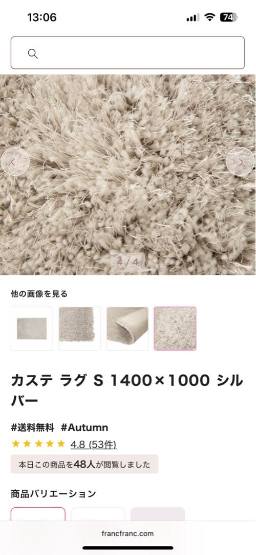 Francfranc カステ ラグ S 1400×1000 シルバー