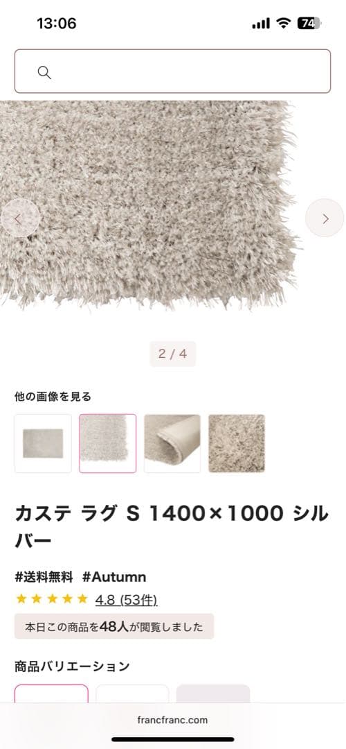 Francfranc カステ ラグ S 1400×1000 シルバー