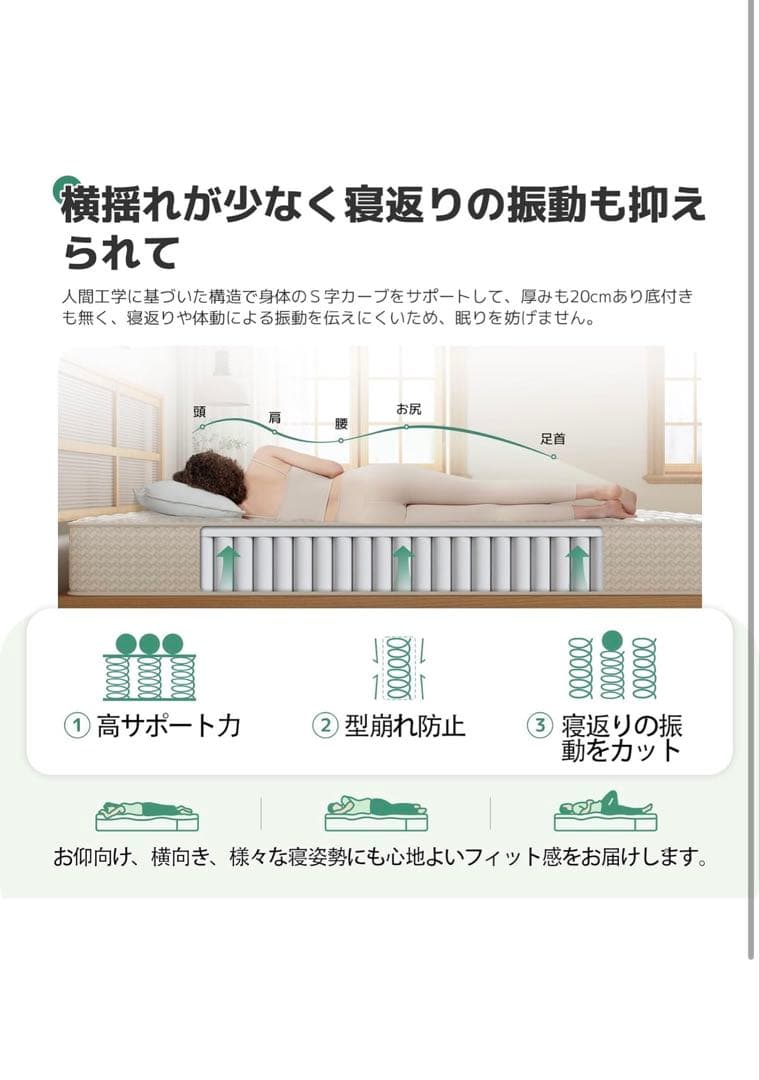 シングル マットレス 極厚20cm 硬め ポケットコイル 硬さ180N 高反発