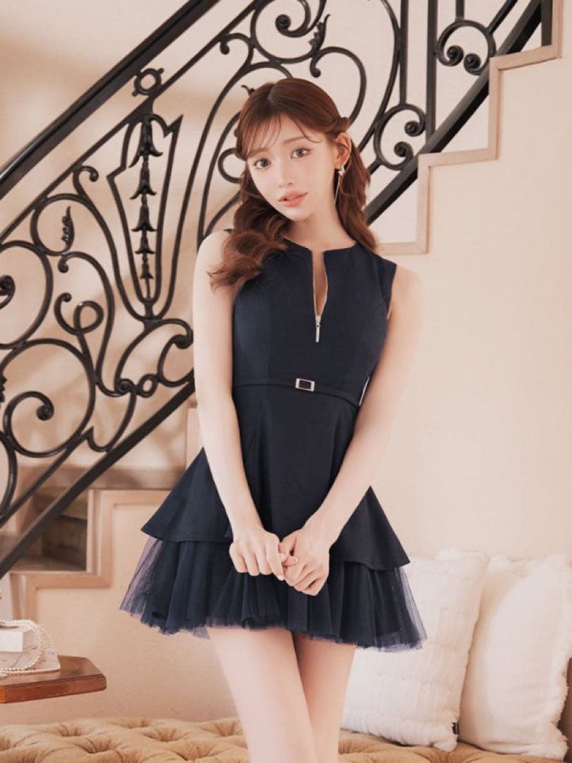 DEA robe de fleurs ネイビー フリルドレス ジッパー付き