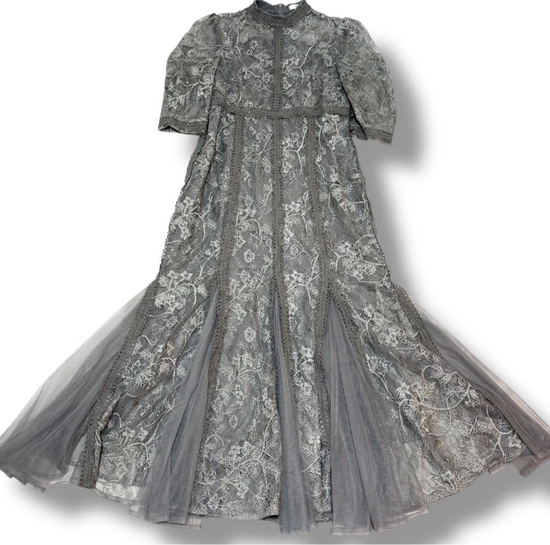 【Leja】美品 ラメ花柄刺繍ポイントレース加工チュールヘムワンピースドレス
