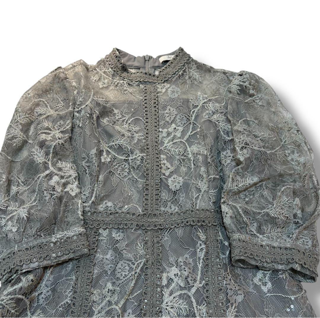 【Leja】美品 ラメ花柄刺繍ポイントレース加工チュールヘムワンピースドレス