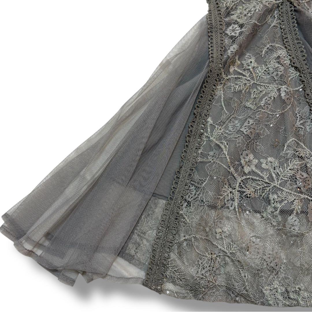 【Leja】美品 ラメ花柄刺繍ポイントレース加工チュールヘムワンピースドレス