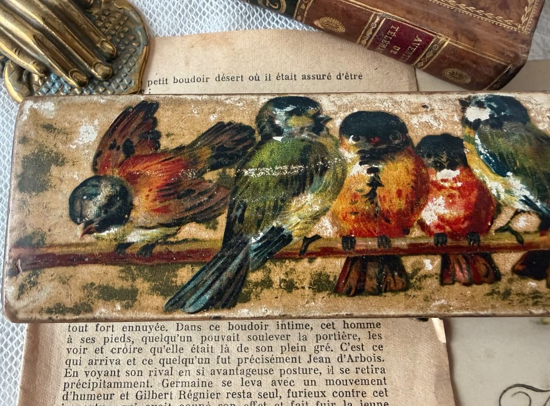 フランスアンティーク　パピエマシェ　ペンケース　小鳥　小箱　小物入れ　蚤の市