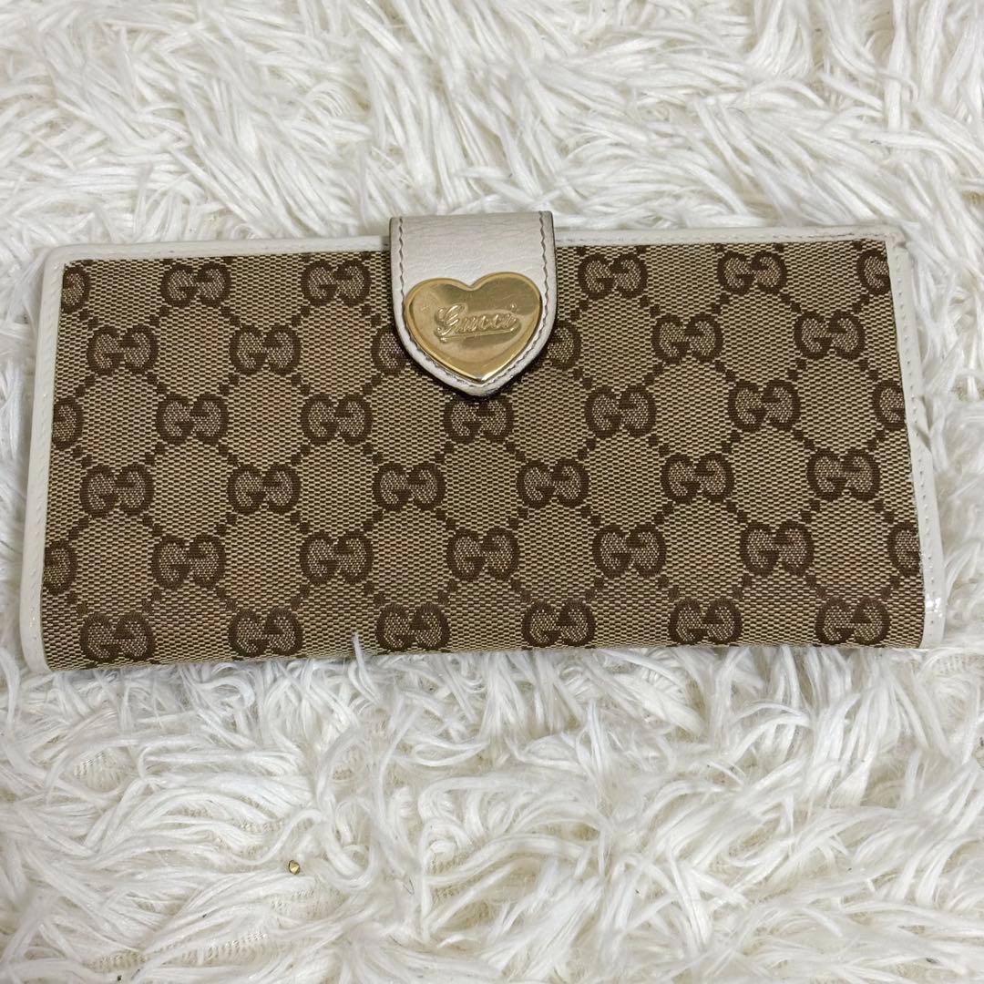 GUCCI GGキャンバス ラブリーハート 長財布 Wホック　白　ロゴ