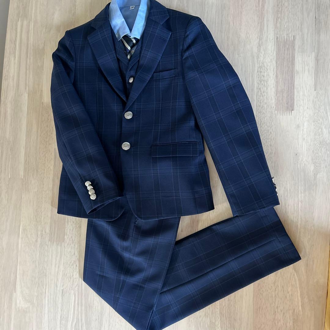 【美品】ワンダーファクトリー 男の子 スーツ 5点セット 140チェック 卒服