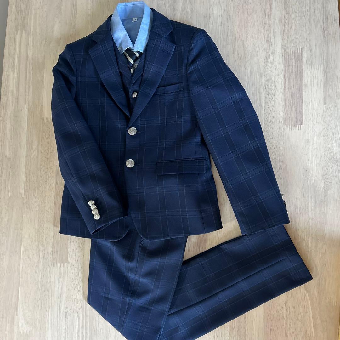 【美品】ワンダーファクトリー 男の子 スーツ 5点セット 140チェック 卒服