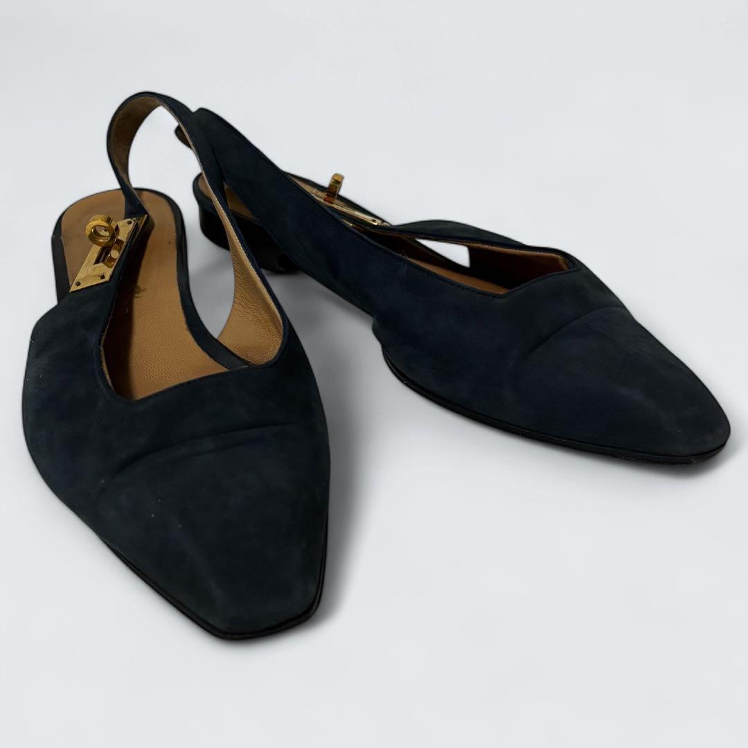 ケリー　HERMES ミュール　カデナ　フラットパンプス　24 濃紺　スエード