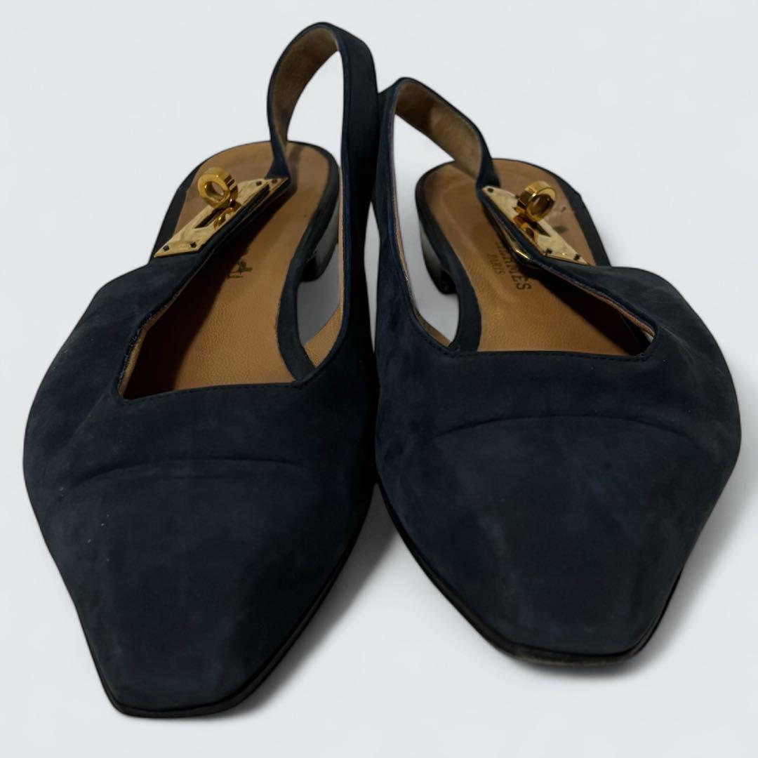 ケリー　HERMES ミュール　カデナ　フラットパンプス　24 濃紺　スエード