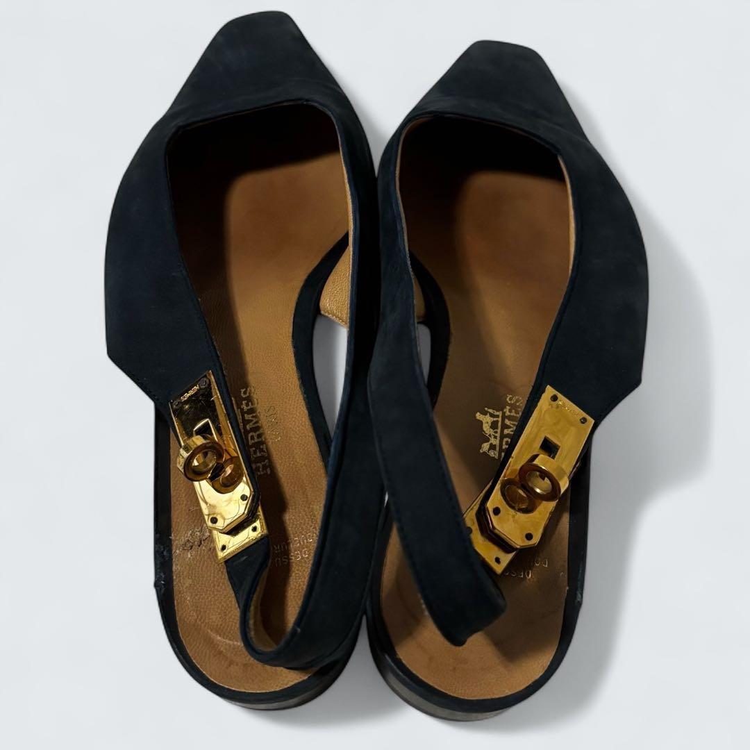 ケリー　HERMES ミュール　カデナ　フラットパンプス　24 濃紺　スエード