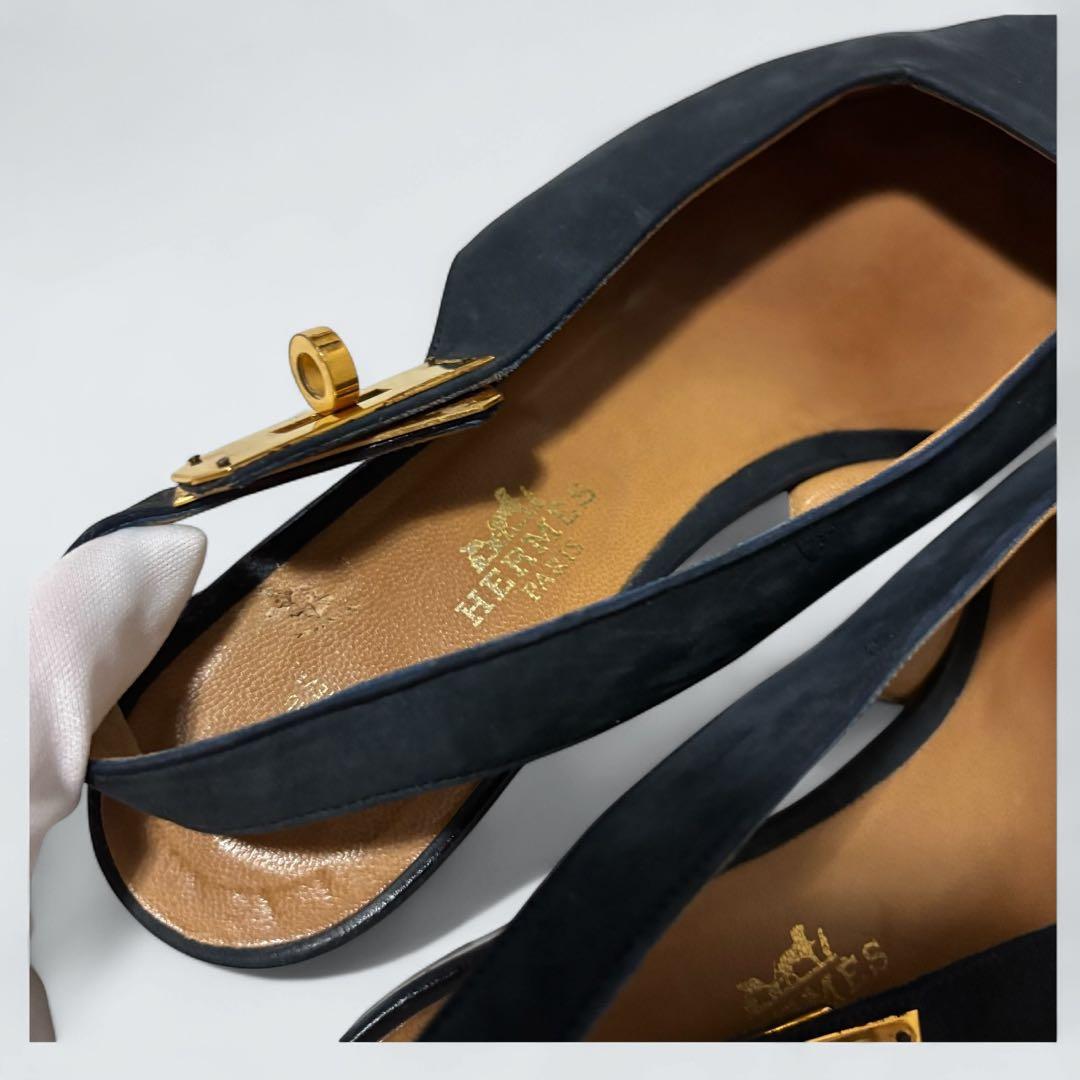 ケリー　HERMES ミュール　カデナ　フラットパンプス　24 濃紺　スエード