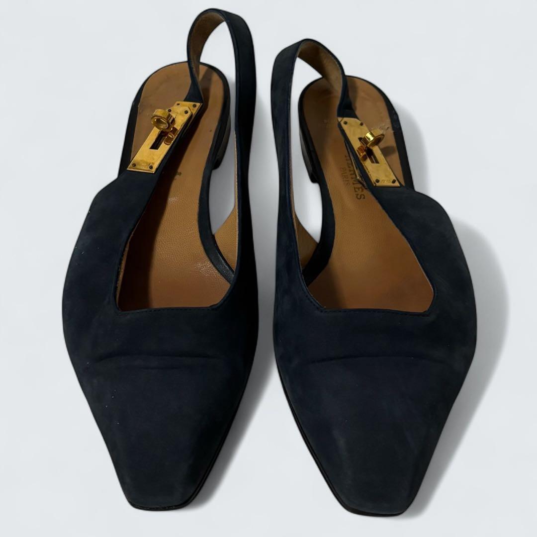 ケリー　HERMES ミュール　カデナ　フラットパンプス　24 濃紺　スエード