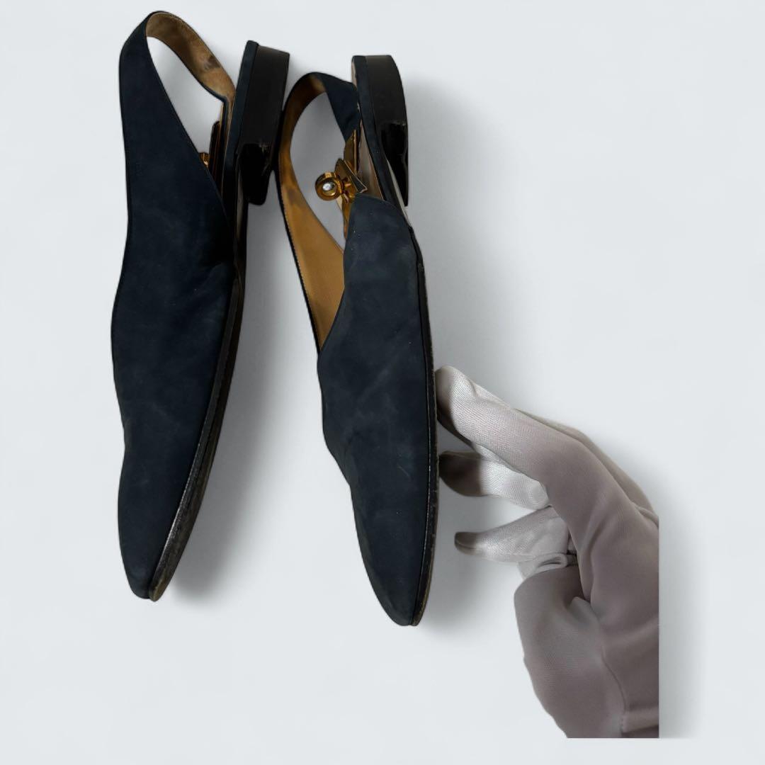 ケリー　HERMES ミュール　カデナ　フラットパンプス　24 濃紺　スエード