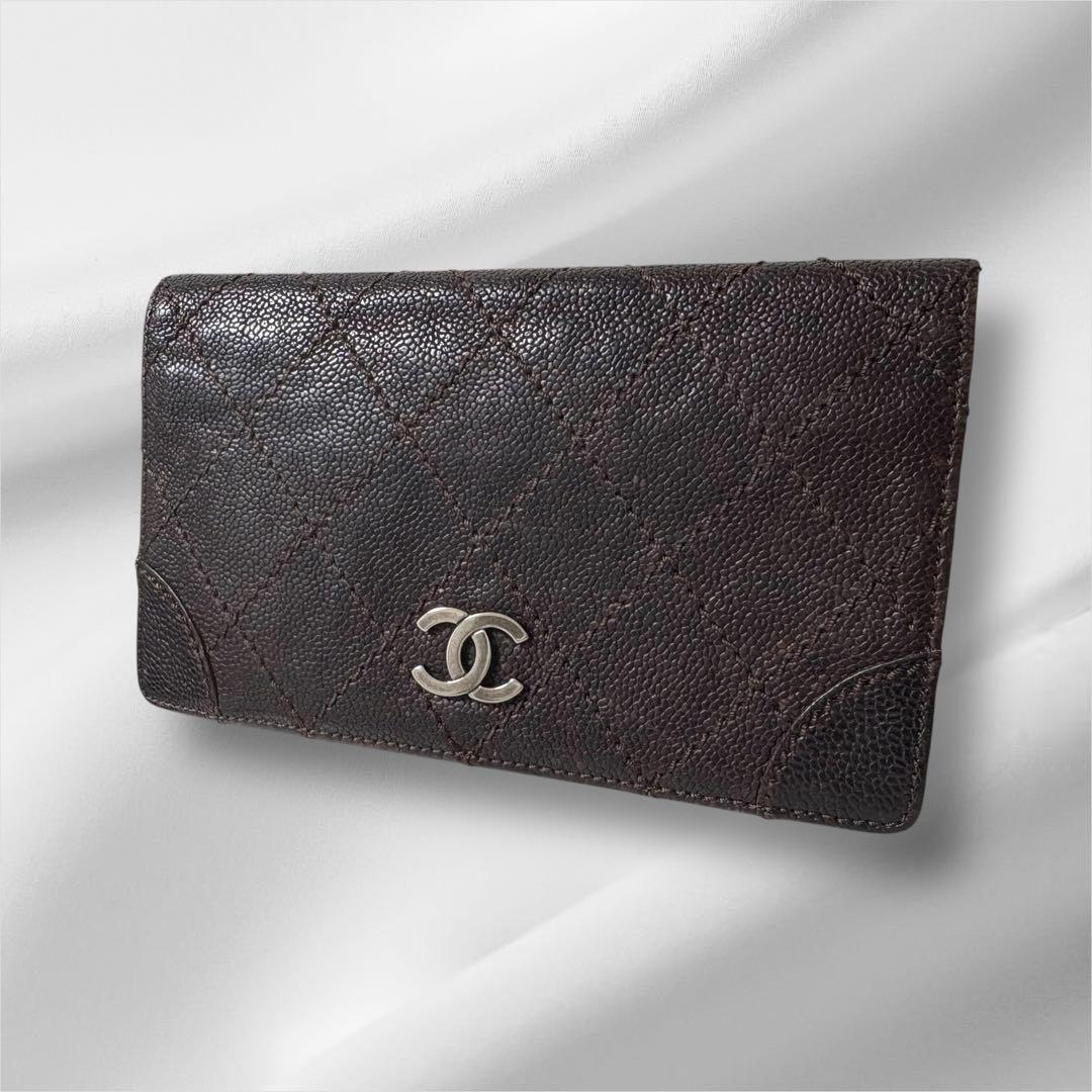 CHANEL シャネル キャビアスキン ワイルドステッチ 長財布 ダークブラウン