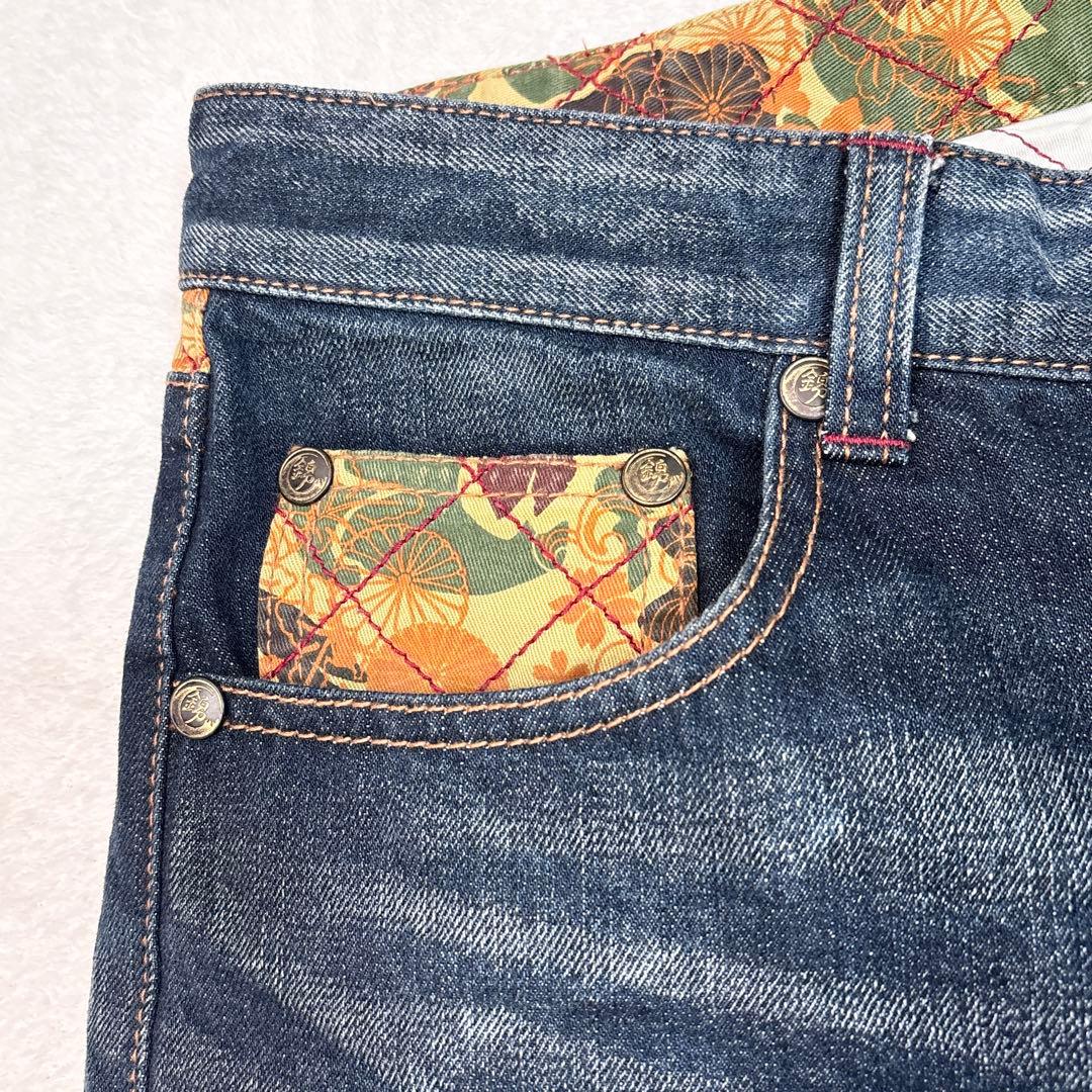 00s PANDIESTA W34 刺繍 和柄 バギー デニム ワイドストレート