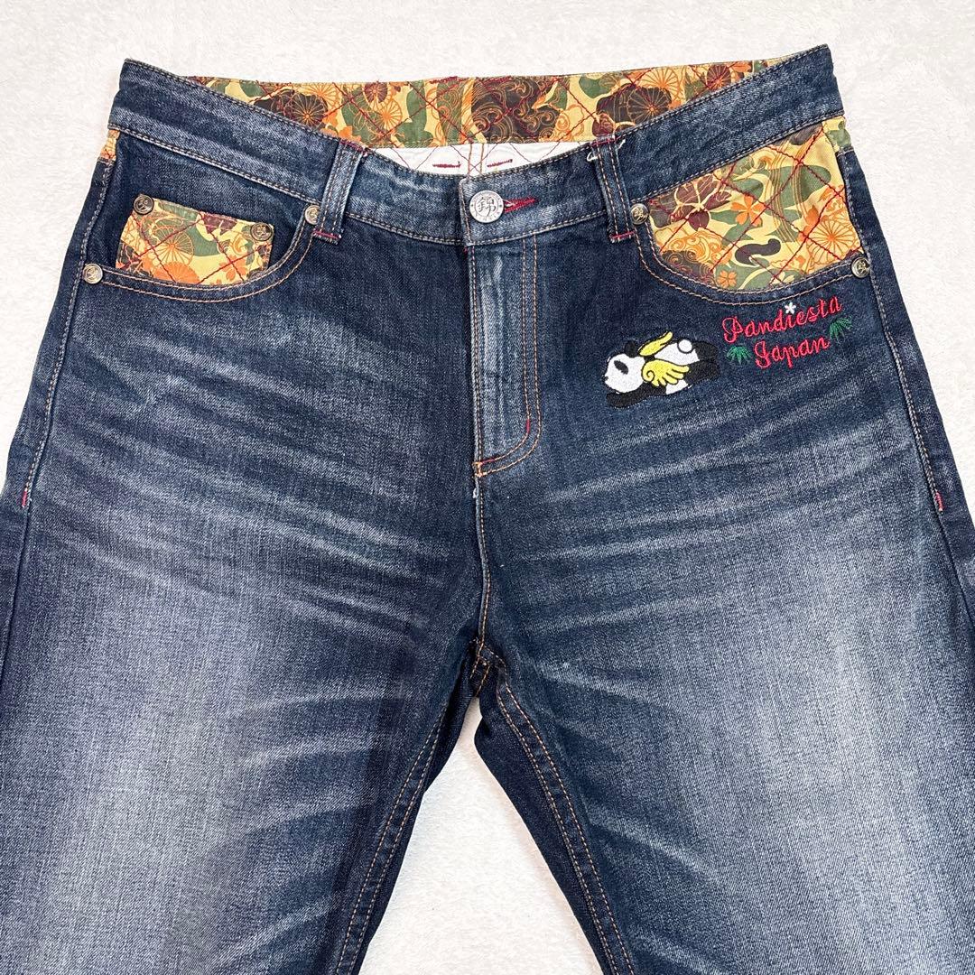 00s PANDIESTA W34 刺繍 和柄 バギー デニム ワイドストレート