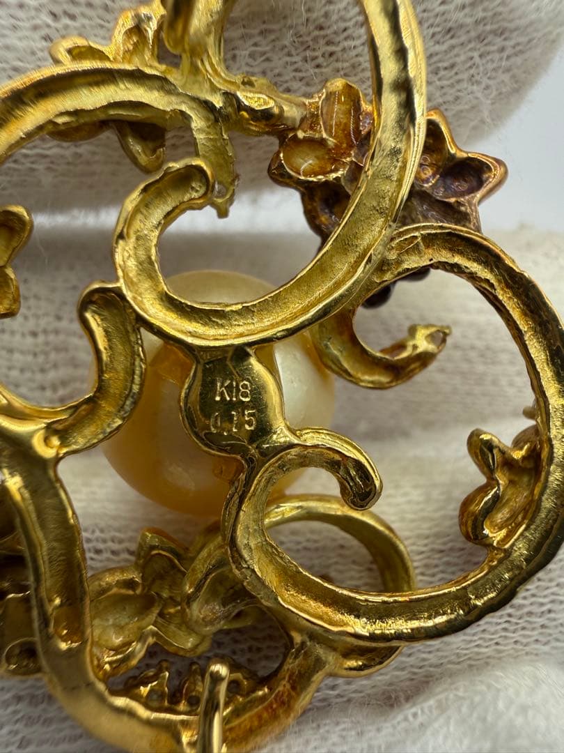 K18 パール ペンダントトップ 花/リースデザイン ダイヤ 一部変色あり