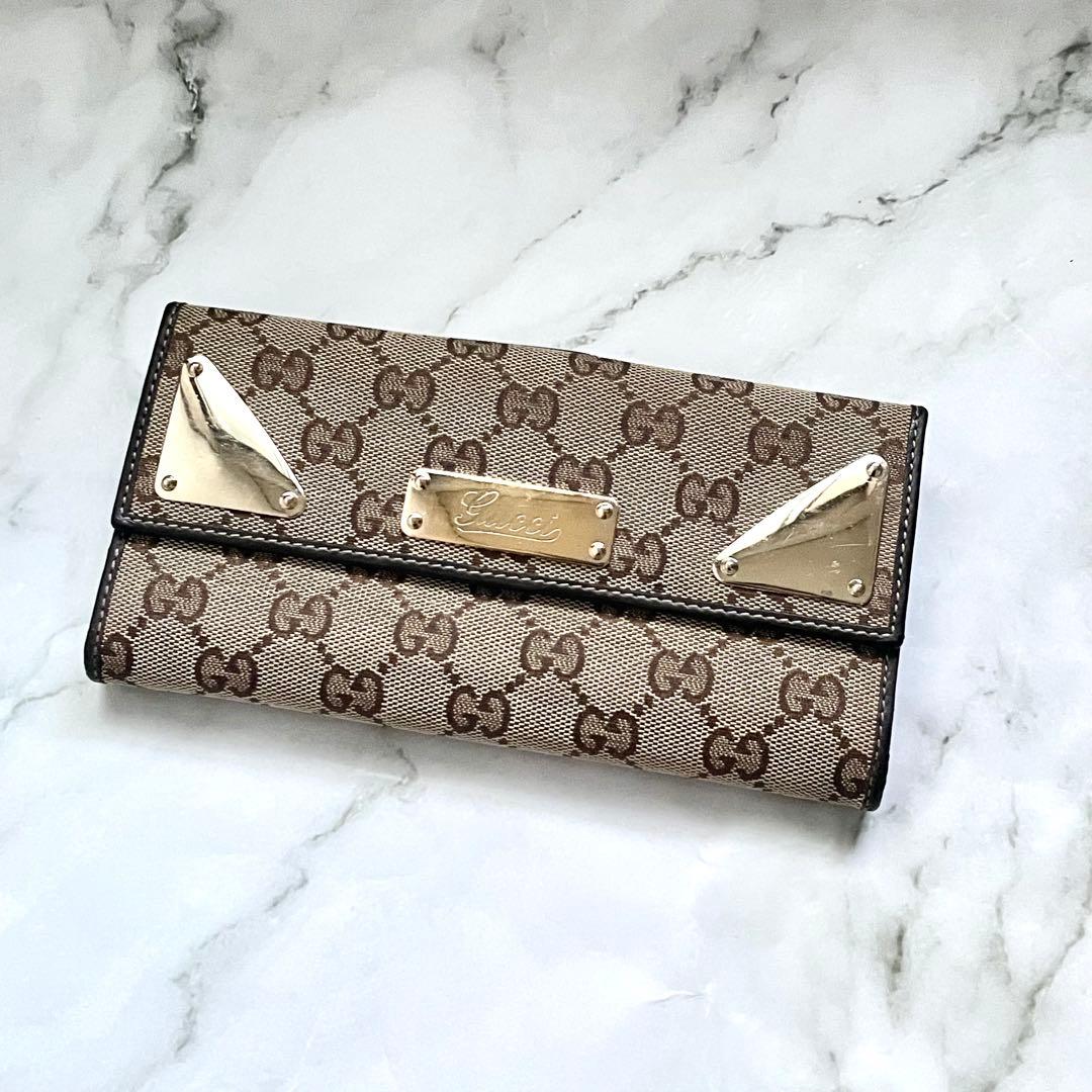 GUCCI グッチ　長財布　GGキャンバス　ロゴプレート　Wホック　0117-④